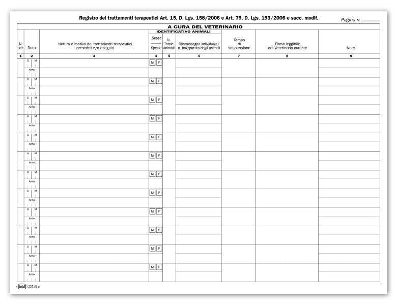 Registro dei trattamenti terapeutici (art. 15), copertina "verde" - 19 pagine prenumerate - 24x31,5 cm