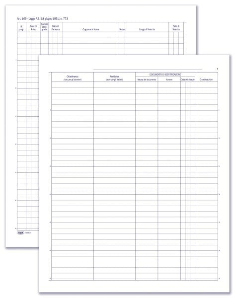 Registro Protocollo persone alloggiate (dati anagrafici clienti, estremi documento, data di arrivo/partenza) - 97 pagine prenumerate - 31x24,5 cm