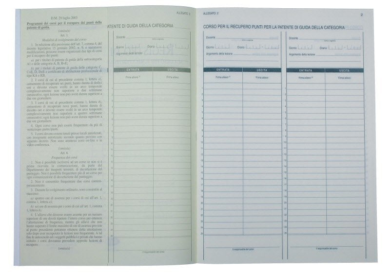 Registro di frequenza patente a punti per 36 lezioni - 18 pagine prenumerate - 29,7x21 cm
