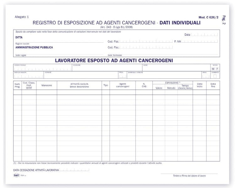Registro di esposizione ad agenti cancerogeni e mutageni - 38 pagine prenumerate - 31x24,5 cm