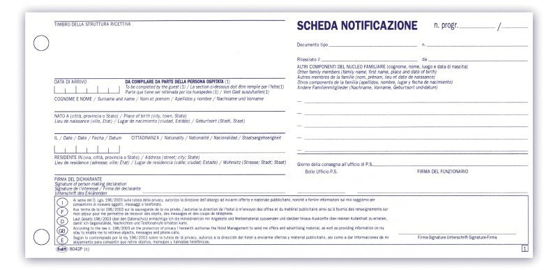 Schede di notificazione persone alloggiate con consenso privacy - Snap out a 2 copie autoricalcanti - 10x23 cm