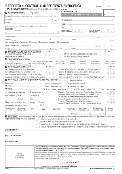 Rapporto di controllo di efficienza energetica Tipo 1 gruppi termici (Allegato II) Emilia Romagna  - Snap out triplice copia autoricalcante - 31x21 cm