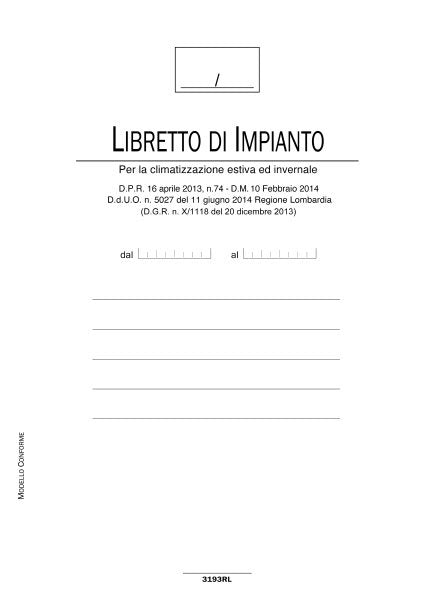 Registro Libretto di impianto per la climatizzazione estiva e invernale Regione Lombardia - 48 pagine - 29,7x21 cm
