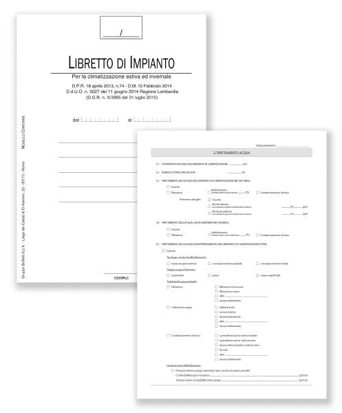 Registro Libretto di impianto per la climatizzazione estiva e invernale Regione Lombardia, con Scheda 1. autoricalcante - 48 pagine - 29,7x21 cm