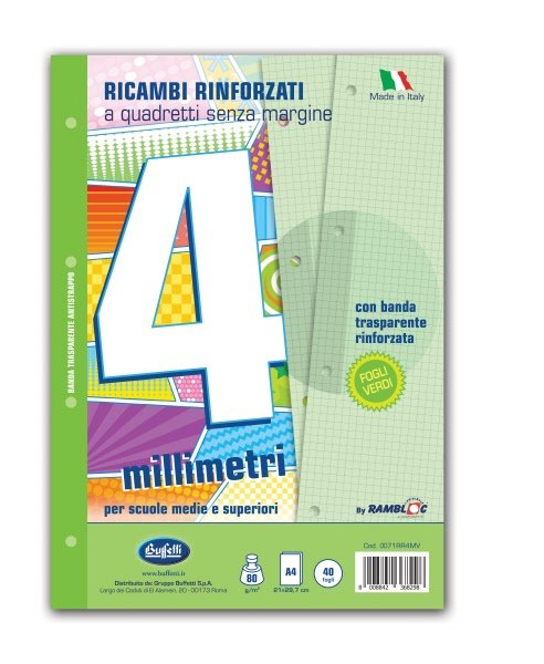 Ricambi rinforzati colorati - A4  - 80 g - Rigatura 4M - Quadretto elementari e medie - verde