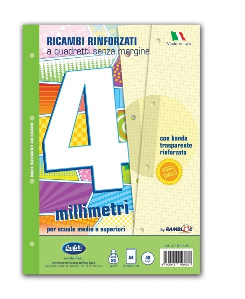 Fogli con 4 fori rinforzati colorati - A4  - 80 g - Rigatura 4MM - Quadretto elementari e medie - giallo