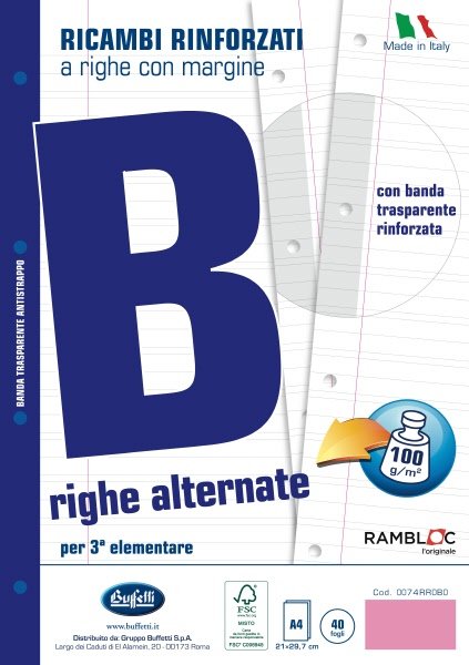 Ricambi rinforzati  - A4  - 100 g - Rigatura B - Righe 3a elementare