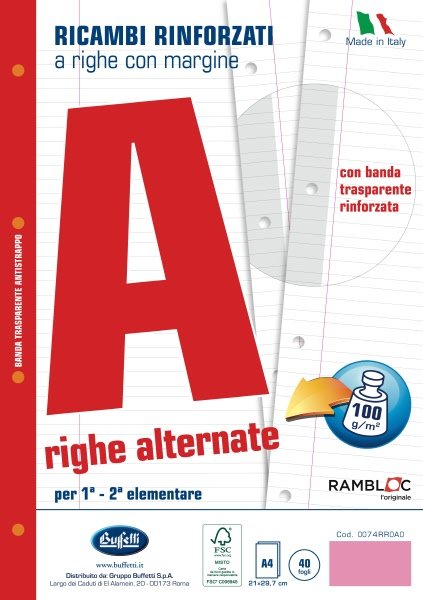 Ricambi rinforzati  - A4  - 100 g - Rigatura A - Righe 1a e 2a elementare