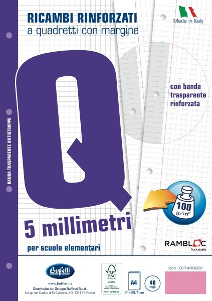 Ricambi rinforzati  - A4  - 100 g - Rigatura Q - Quadretto elementari