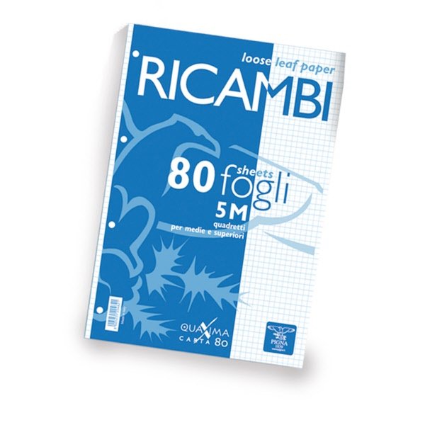 Ricambi Pigna  - Rigatura 5M - Quadretto elementari e medie - 80 fogli - 80 g