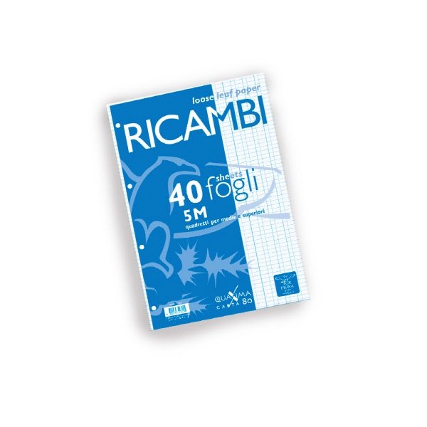 Ricambi Pigna  - Rigatura 5M - Quadretto elementari e medie - 40 fogli - 80 g