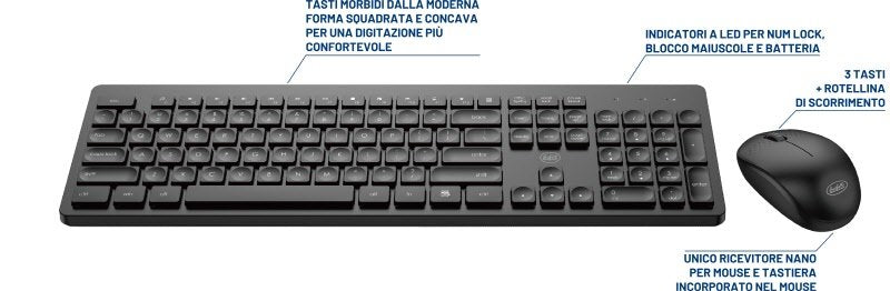 Set Tastiera e Mouse wireless con tasti ergonomici - nero
