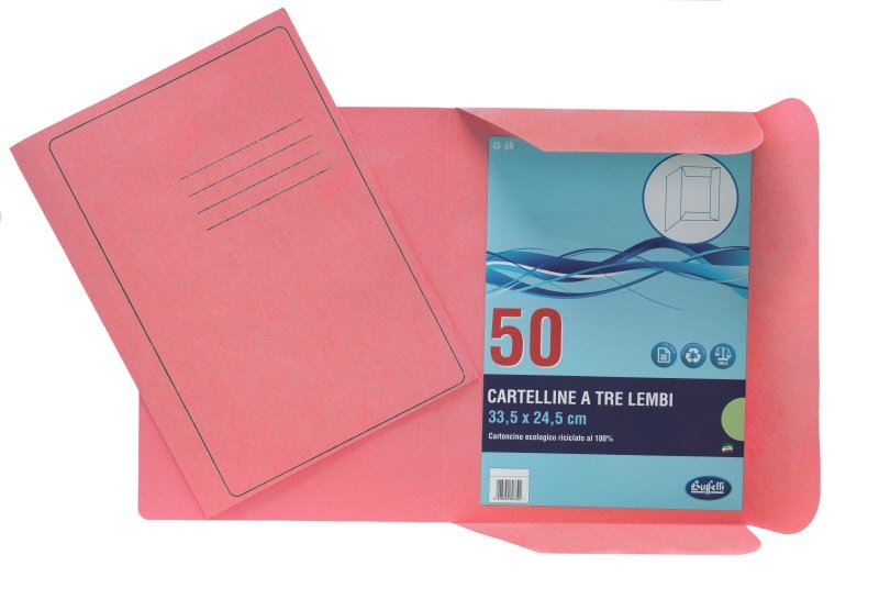 Cartelline 3 lembi Light - cartoncino - 190 g/mq - 33,5x24,5 cm - rosa  - conf. 50 pz