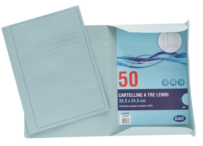 Cartelline 3 lembi Light - cartoncino - 190 g/mq - 33,5x24,5 cm - azzurro - conf. 50 pz