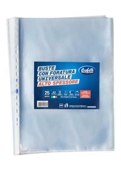 Buste a foratura universale - Polipropilene - 42x30 cm -A3 verticale - lisce - alto spessore - conf. 25 pz.
