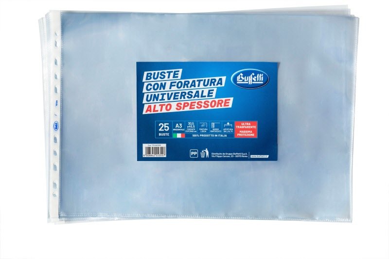Buste a foratura universale - Polipropilene - 30x42 cm -A3 - orizzontale - lisce - alto spessore - conf. 25 pz.
