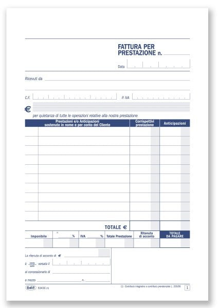 Fatture per prestazioni professionali - Blocco 50/50 fogli autoricalcanti - 21,5x14,8 cm
