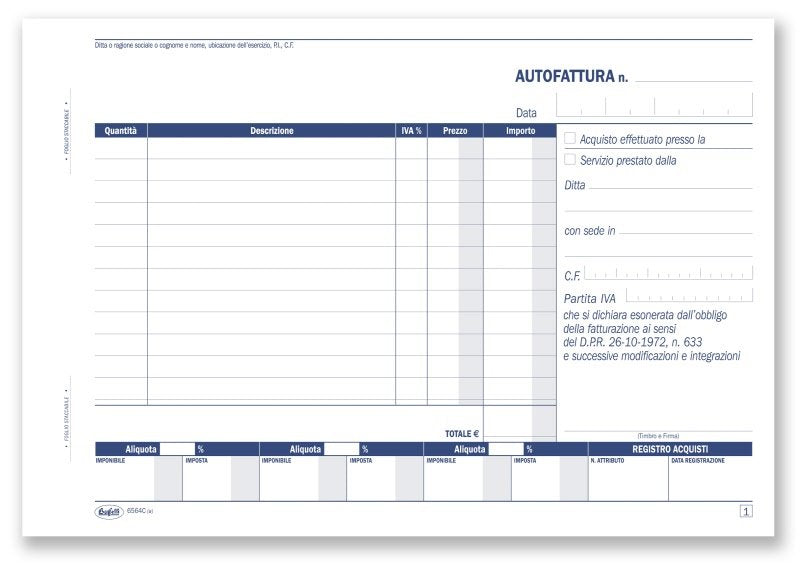 Autofatture IVA - Blocco 50/50 fogli autoricalcanti - 14,8x21,5 cm