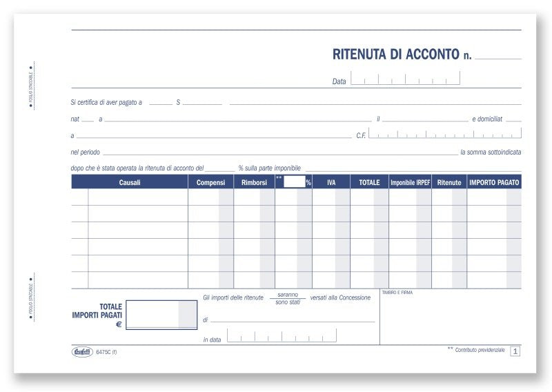 Ritenute di acconto - Certificati delle ritenute d¿acconto - Blocco 50/50 fogli autoricalcanti - 14,8x21,5 cm