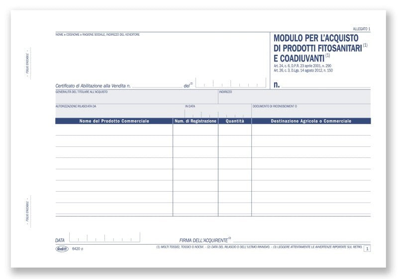Scheda acquisto prodotti fitosanitari e coadiuvanti - Blocco 50/50 fogli autoricalcante - 14,8x21,5 cm