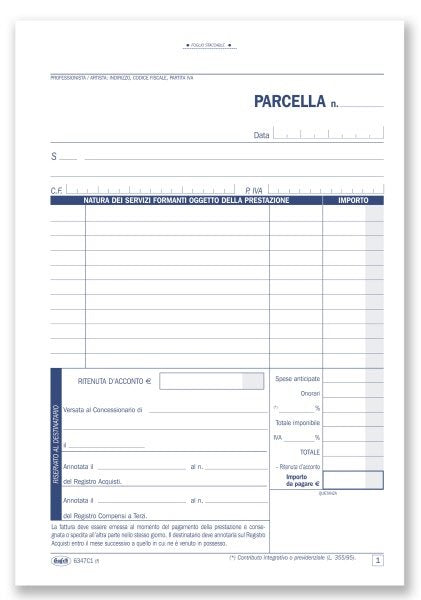 Parcelle per professionisti e Registro onorari - Blocco 100/100 fogli autoricalcanti prenumerati - 21,5x14,8 cm