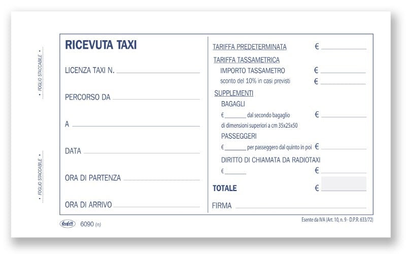Ricevute taxi - Blocco 50 fogli - 10x16,8 cm