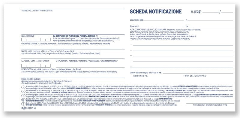 Schede di notificazione persone alloggiate con consenso privacy - Blocco 100 fogli - 10x21,5 cm