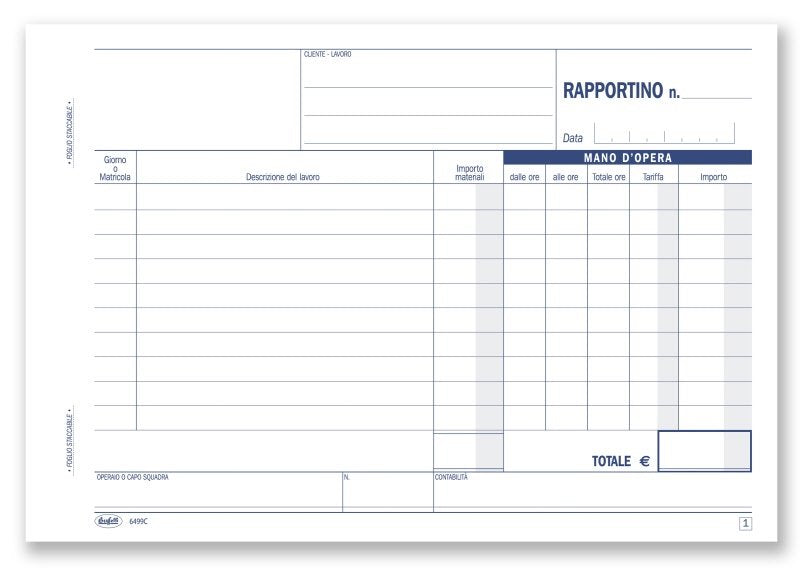 Rapportini di lavoro giornaliero per singolo operaio (commessa, tempo impiegato, costo orario, importo) - Blocco 50/50 fogli autoricalcante - 14,8x21,5 cm