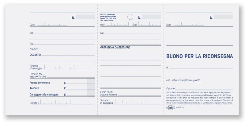 Riparazioni da eseguire su oggetti consegnati dal cliente (matrice, scontrino, oggetto) 3 tagliandi verdi - Blocco 50/50/50 cartoncini autoricalcante - 10x21,5 cm