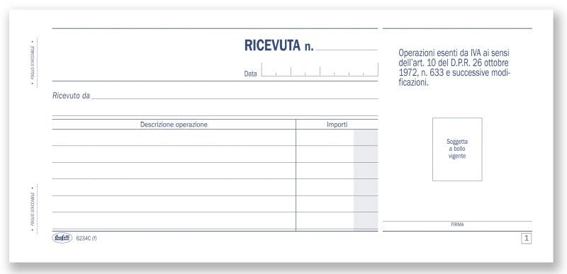 Ricevute per operazioni esenti da IVA - Blocco 50/50 fogli autoricalcanti - 10x21,5 cm