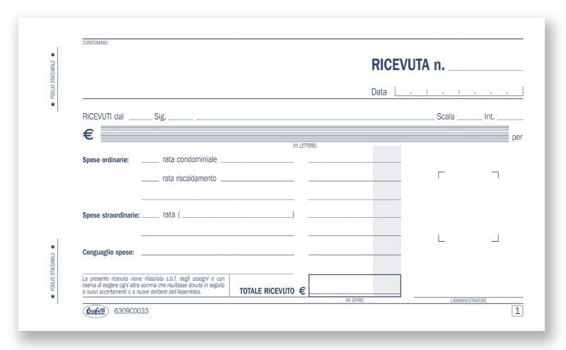 Ricevute di condominio con avviso di pagamento - Blocco 33/33/33 fogli autoricalcante - 10x16,8 cm