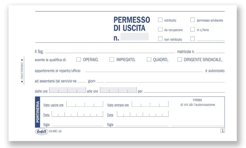 Permessi di uscita dal posto di lavoro - Blocco 50/50 fogli autoricalcante - 10x16,8 cm