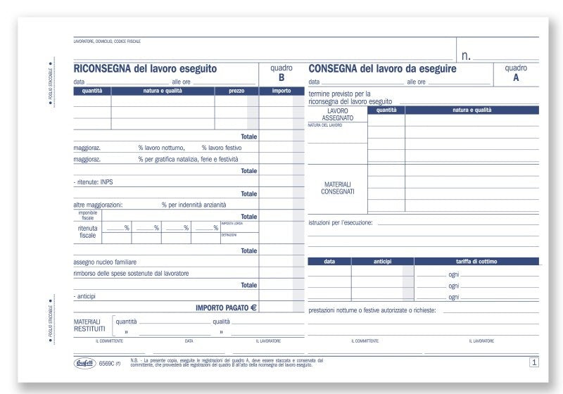 Libretto controllo lavori a domicilio (mod. ufficiale) - Blocco 25/25 fogli autoricalcante - 14,8x21,5 cm