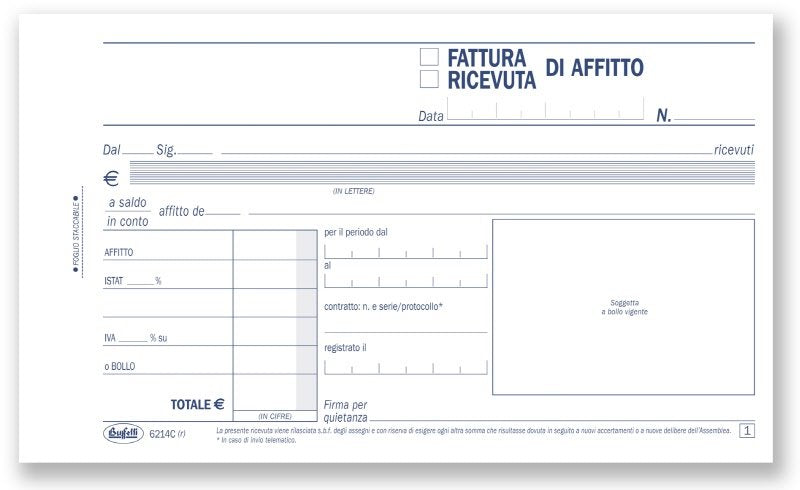 Ricevute/Fatture di affitto - Blocco 50/50 fogli autoricalcante - 10x16,8 cm