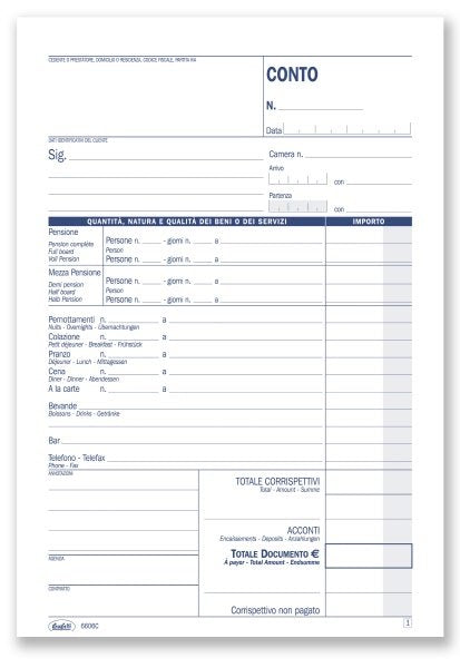 Conti albergo e pensione per uso interno - Blocco 50/50 fogli autoricalcante - 21,5x14,8 cm