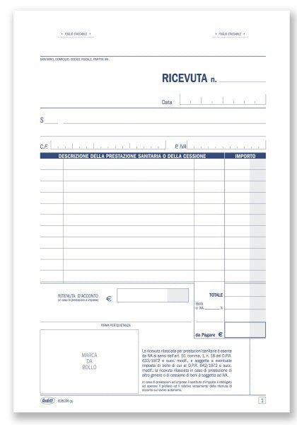 Ricevute sanitarie e Registro onorari e fatture (vidimabile) - Blocco 50/50 fogli autoricalcante - 21,5x14,8 cm