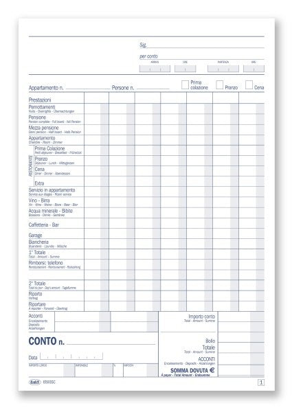 Conti albergo a 7 giorni per uso interno - Blocco 50/50 fogli autoricalcante - 21,5x14,8 cm