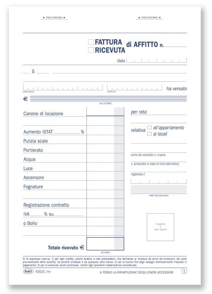 Ricevute/Fatture di affitto - Blocco 50/50 fogli autoricalcante - 21,5x14,8 cm