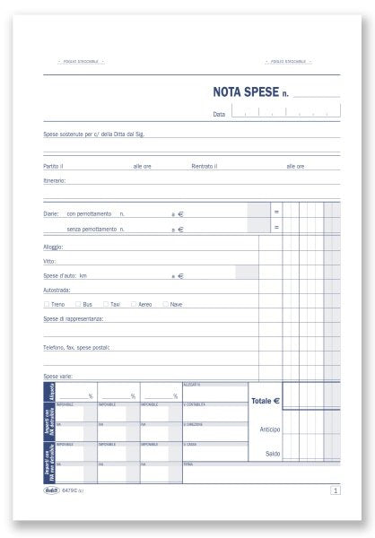 Nota spese da rimborsare (con voci già stampate) - Blocco 50/50 fogli autoricalcante - 21,5x14,8 cm