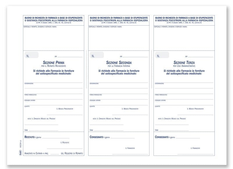 Bollettario Approvvigionamento stupefacenti/sostanze psicotrope dei reparti ospedalieri - Blocco 50 fogli prenumerati a 3 tagliandi - 21,5x29,7 cm