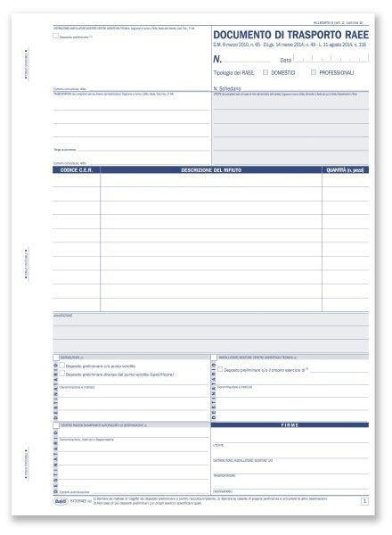 Documento di trasporto RAEE - Blocco 25/25/25/25 fogli autoricalcante - 29,7x21,5 cm