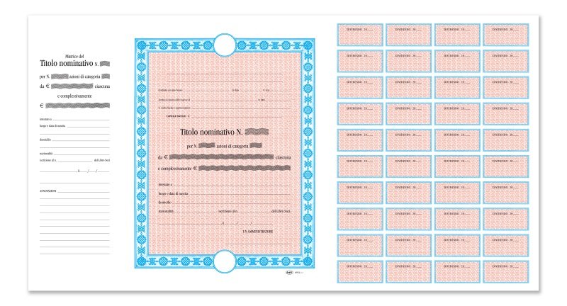 Azioni - Certificati azionari nominativi - Blocco 20 fogli - 3 tagliandi - 34x63 cm