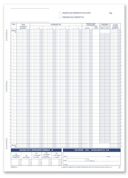 Registri corrispettivi - Primanota dettaglianti (Corrispettivi del mese) - Blocco 12/12 fogli autoricalcanti - 29,7x21,5 cm