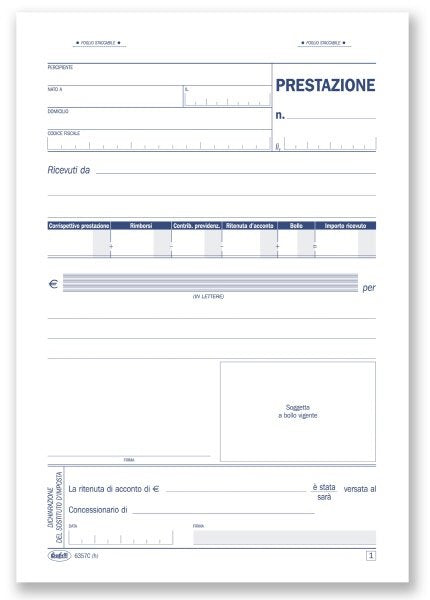 Ritenute di acconto - Ricevute prestazioni non soggette ad IVA ma a ritenuta - Blocco 25/25 fogli autoricalcanti - 23x14,8 cm