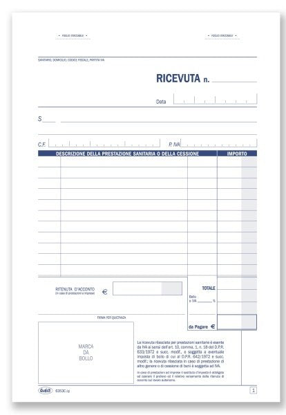 Ricevute sanitarie e Registro onorari e fatture (vidimabile) - Blocco 50/50 fogli numerati autoricalcante - 21,5x14,8 cm