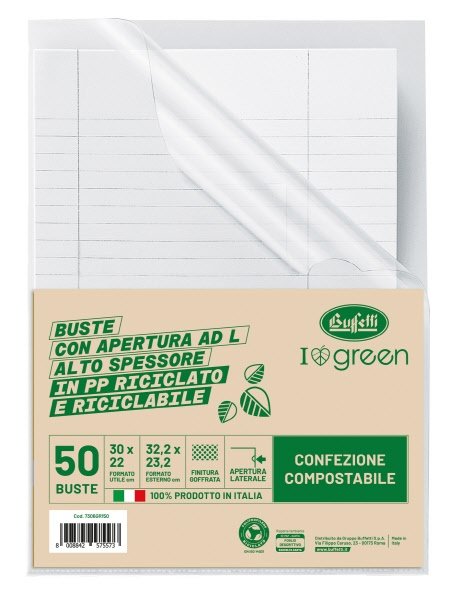 Buste a L - Polipropilene goffrato riciclato - 30x22 cm - alto spessore - confezione compostabile a 50 pz.