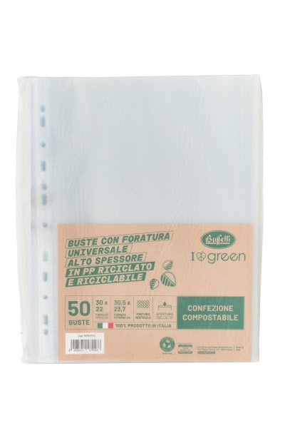 Buste a foratura universale - Polipropilene goffrato riciclato - 30x22 cm - alto spessore - confezione compostabile a 50 pz.