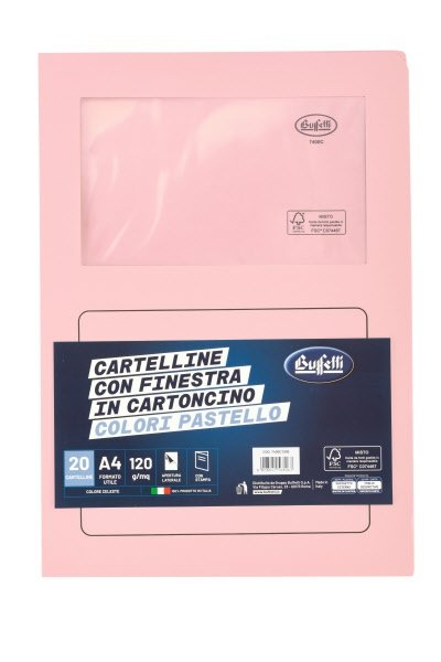 Cartelline con finestra - cartoncino ecologico - 120 g/mq - 29,7x21 cm - rosa - conf. 20 pz