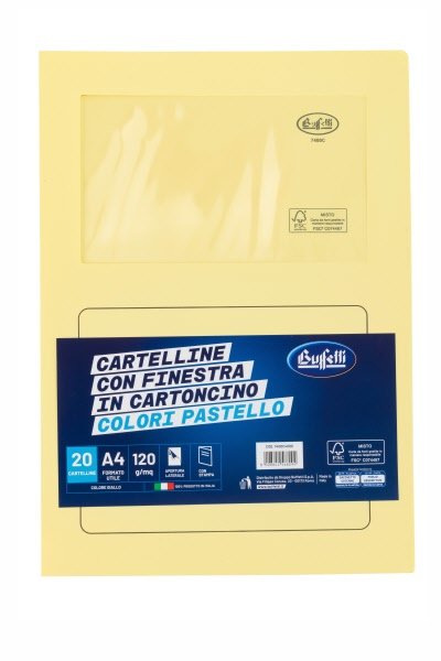 Cartelline con finestra - cartoncino ecologico - 120 g/mq - 29,7x21 cm - giallo - conf. 20 pz