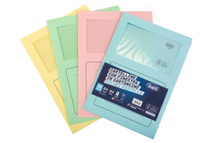 Cartelline con finestra - cartoncino ecologico - 120 g/mq - 29,7x21 cm - colori assortiti - conf. 20 pz